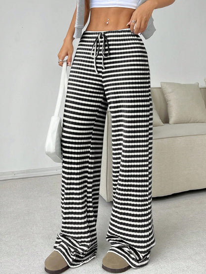 Casual Women Striped Solid Color Pull Rope Cotton Straight Pants