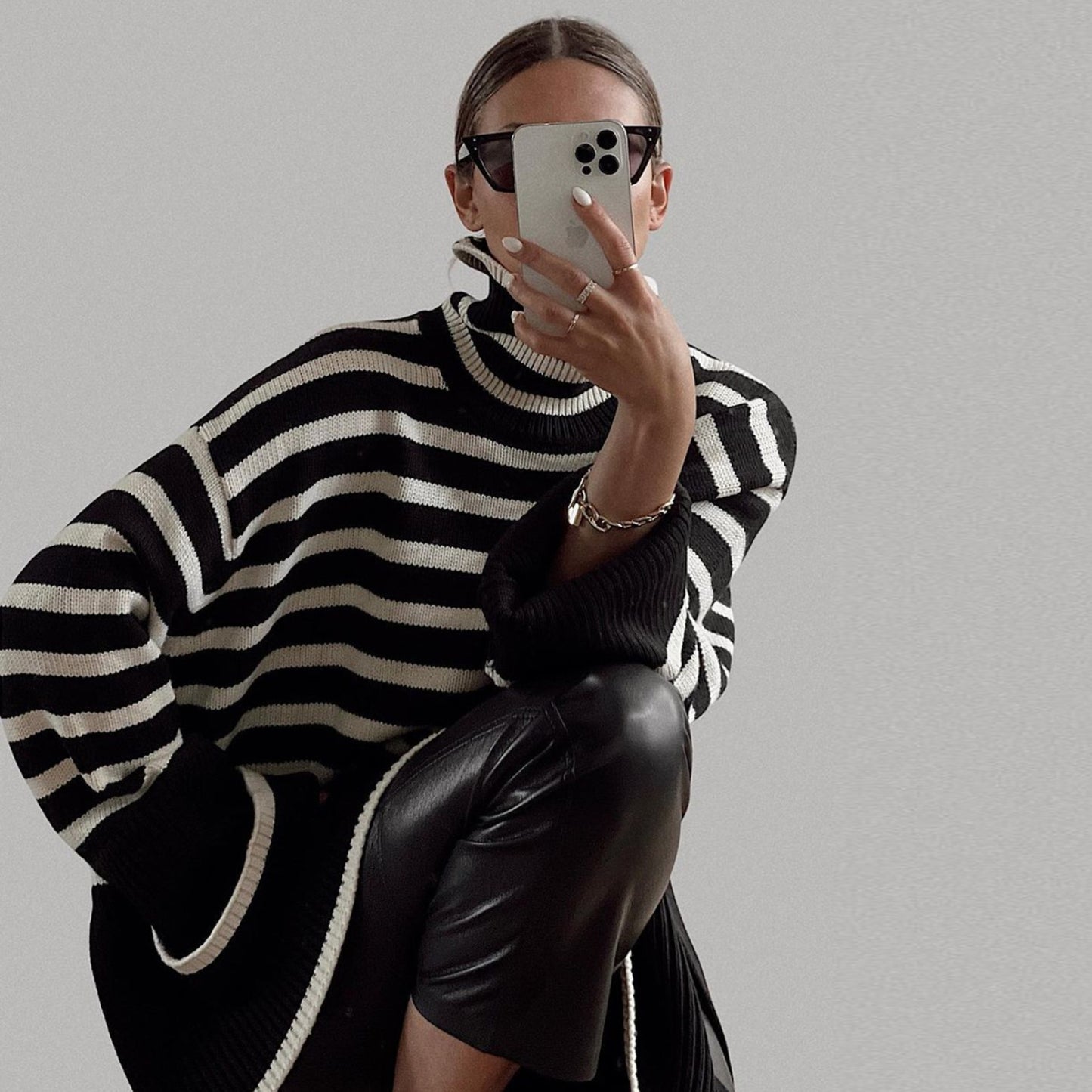Fashion High Neck Striped Pullover Sweaters