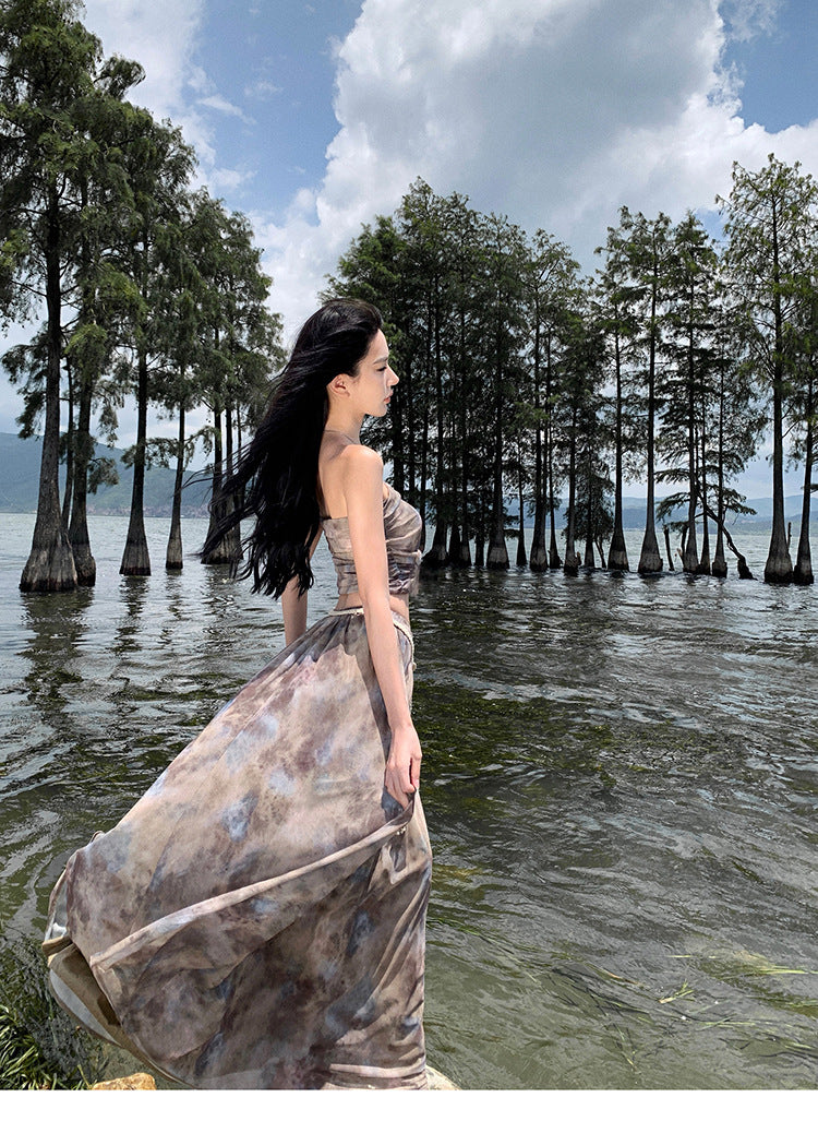 Luxury Vintage Summer Strapless Tops and Long Skirts Suits