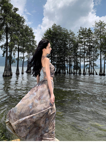 Luxury Vintage Summer Strapless Tops and Long Skirts Suits