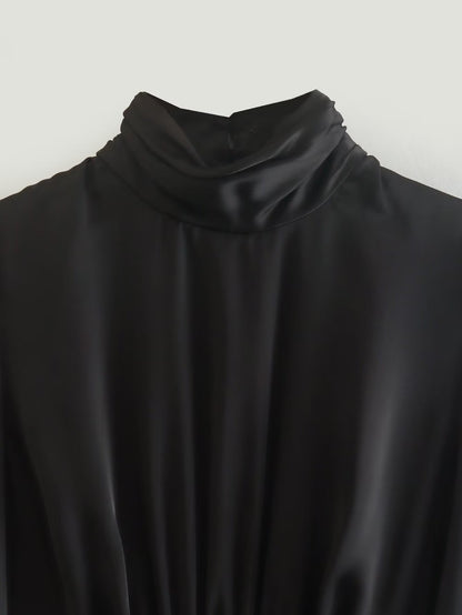 Black Satin Summer Short Blouses for Women