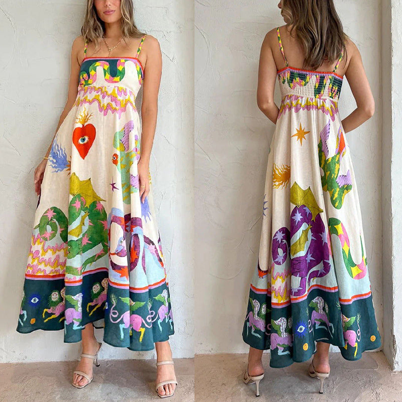 Casual Long Dress Women's Garment Suspender Print Sleeveless Pendulum Dress