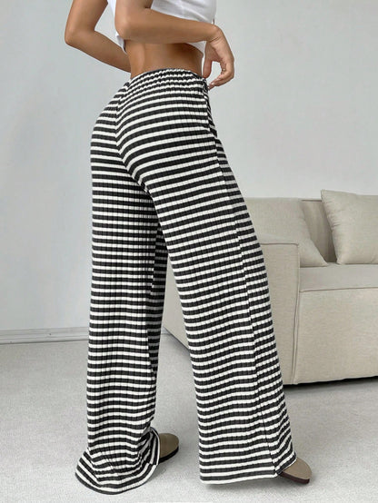 Casual Women Striped Solid Color Pull Rope Cotton Straight Pants