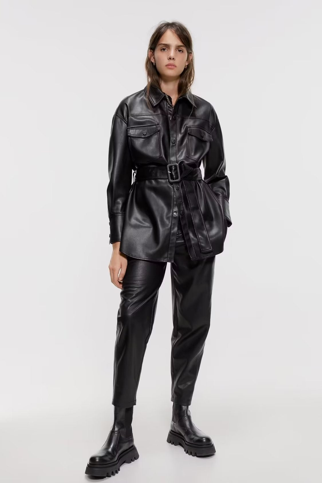 Fashion Casual Pu Leather Jackets Coat with Belt
