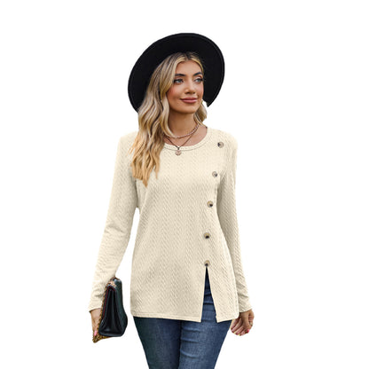 Fashion Round Neckline Button Long Sleeves Shirts