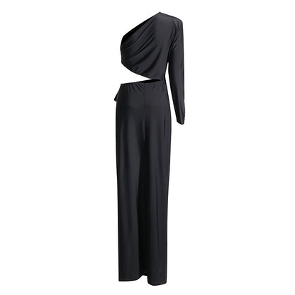Sexy One Shoulder Waist Baring Black Evening Party Dresses