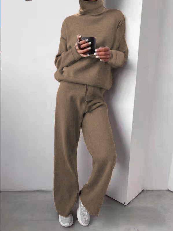Casual High Neck Two Pieces Knitted Tops & Wide Legs Pants