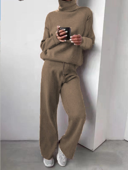 Casual High Neck Two Pieces Knitted Tops & Wide Legs Pants