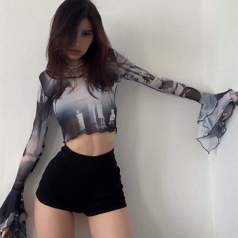 Summer Sexy Trumpet Sleeves Midriff Baring Women Shirts