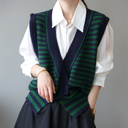 Vintage Designed Striped Knitted Top Vest