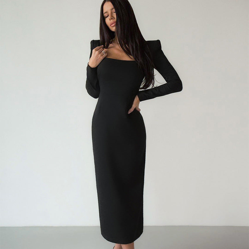 Designed Square Neckline Long Sheathe Black Dresses