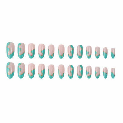 Fashion Mint Green Golden Wavy Line False Nails