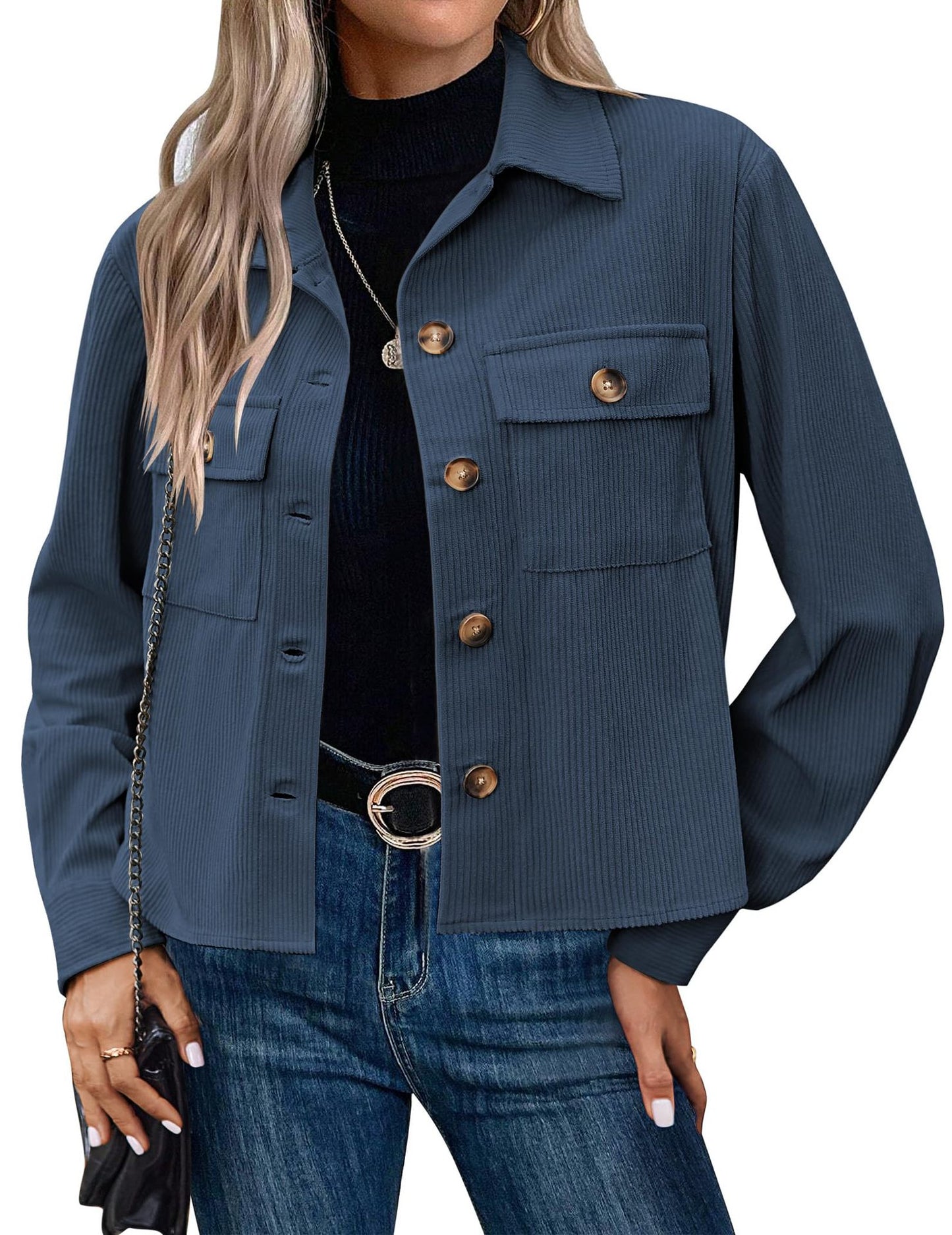 Women's Fashion Casual Short Shirt Corduroy Button-up Top Jackets