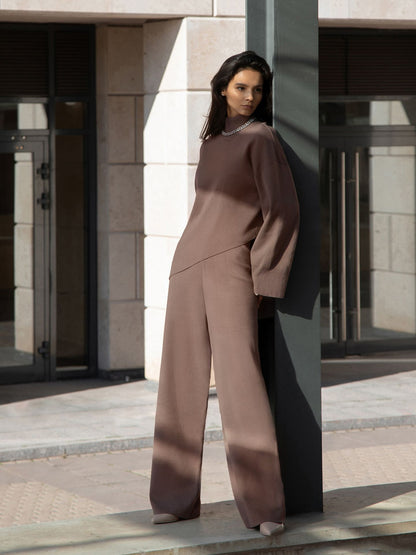 Casual Irregular Pullover Sweaters and Wide Legs Pants Outfits Sets