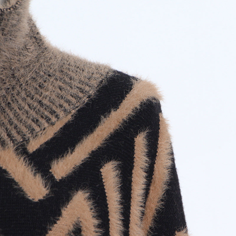 Fashion Designed Stand Collar Long Sleeves Knitted Sweaters with Belt