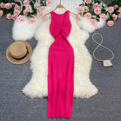 Sexy Summer Twist Designed Knitted Tank Top Elastic Dresses