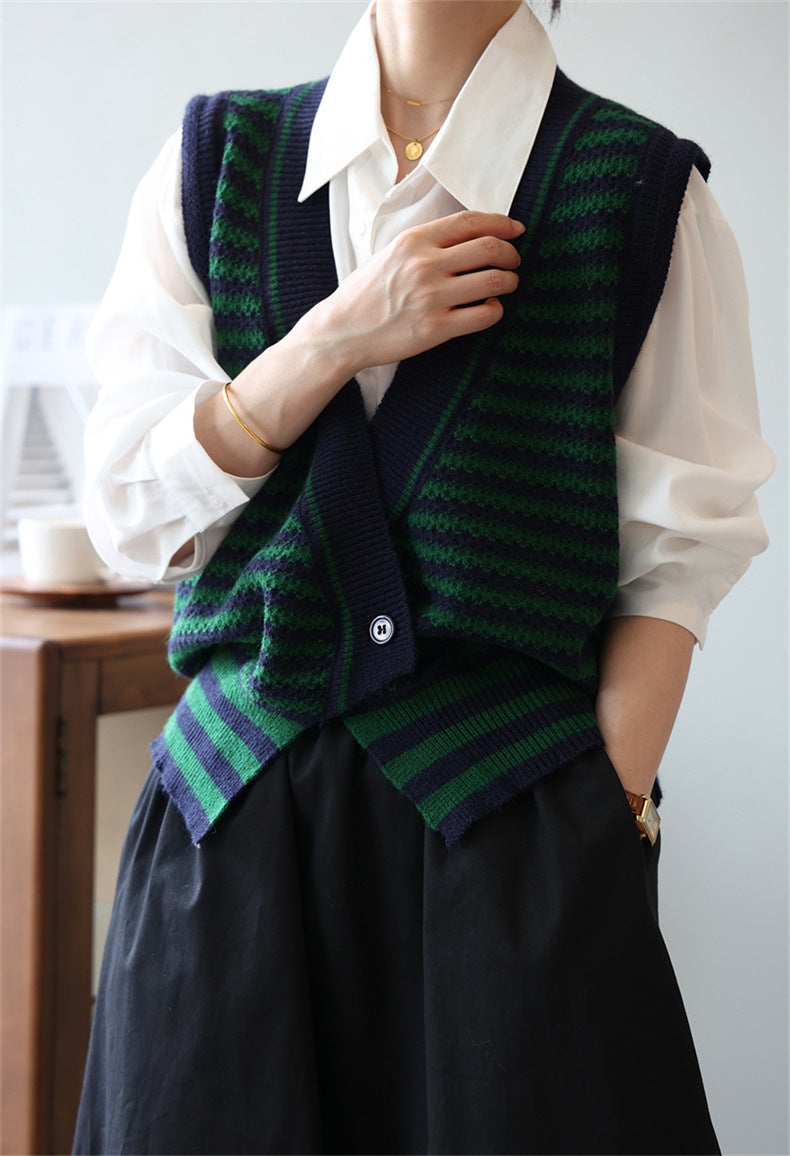 Vintage Designed Striped Knitted Top Vest