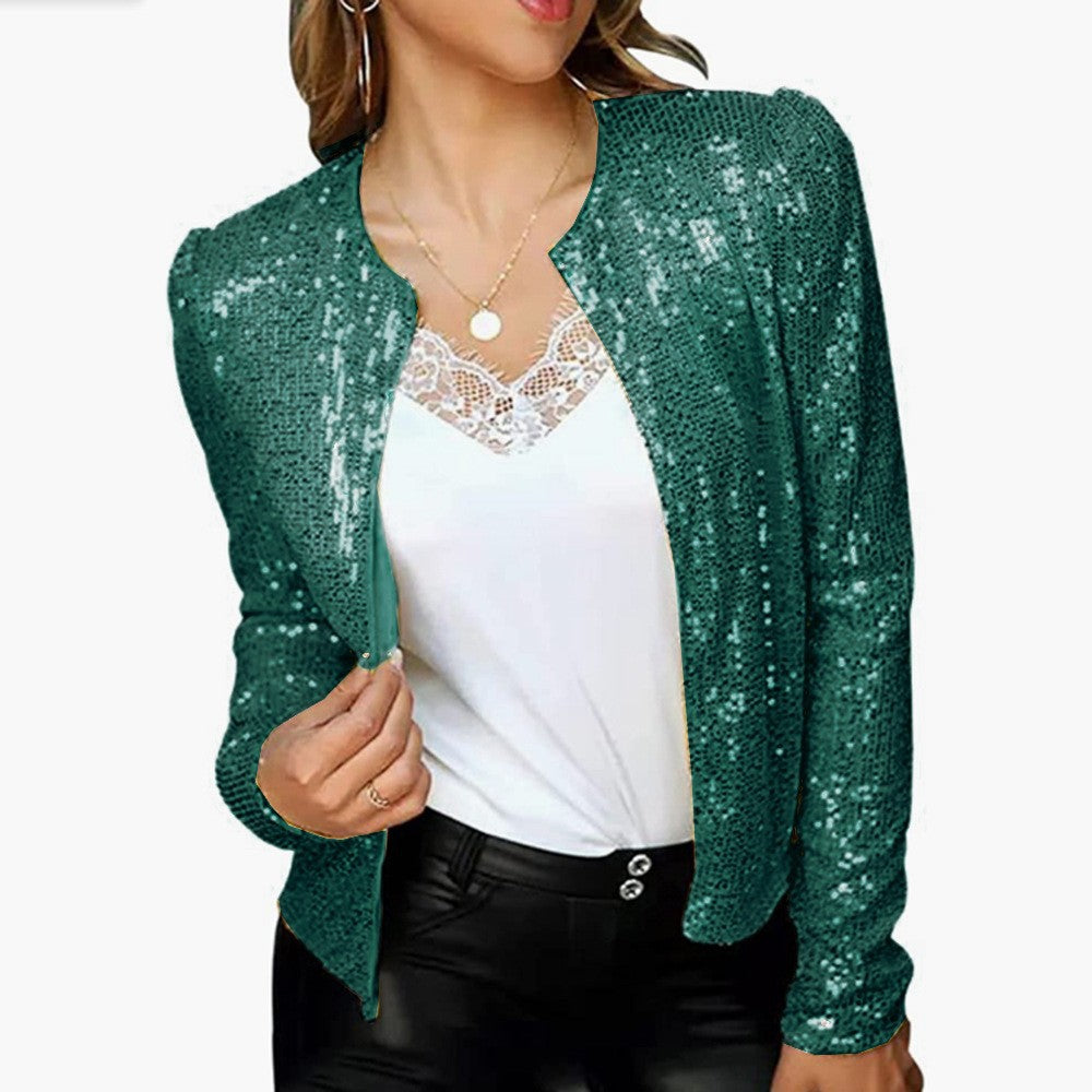 Fashion Stand Collar Sequined Short Coats for Women