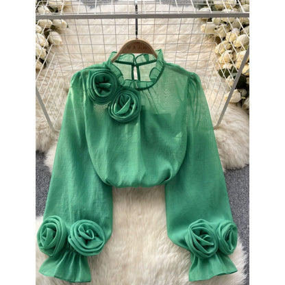 Designed 3D Flowers Chiffon Long Sleeves Shirts
