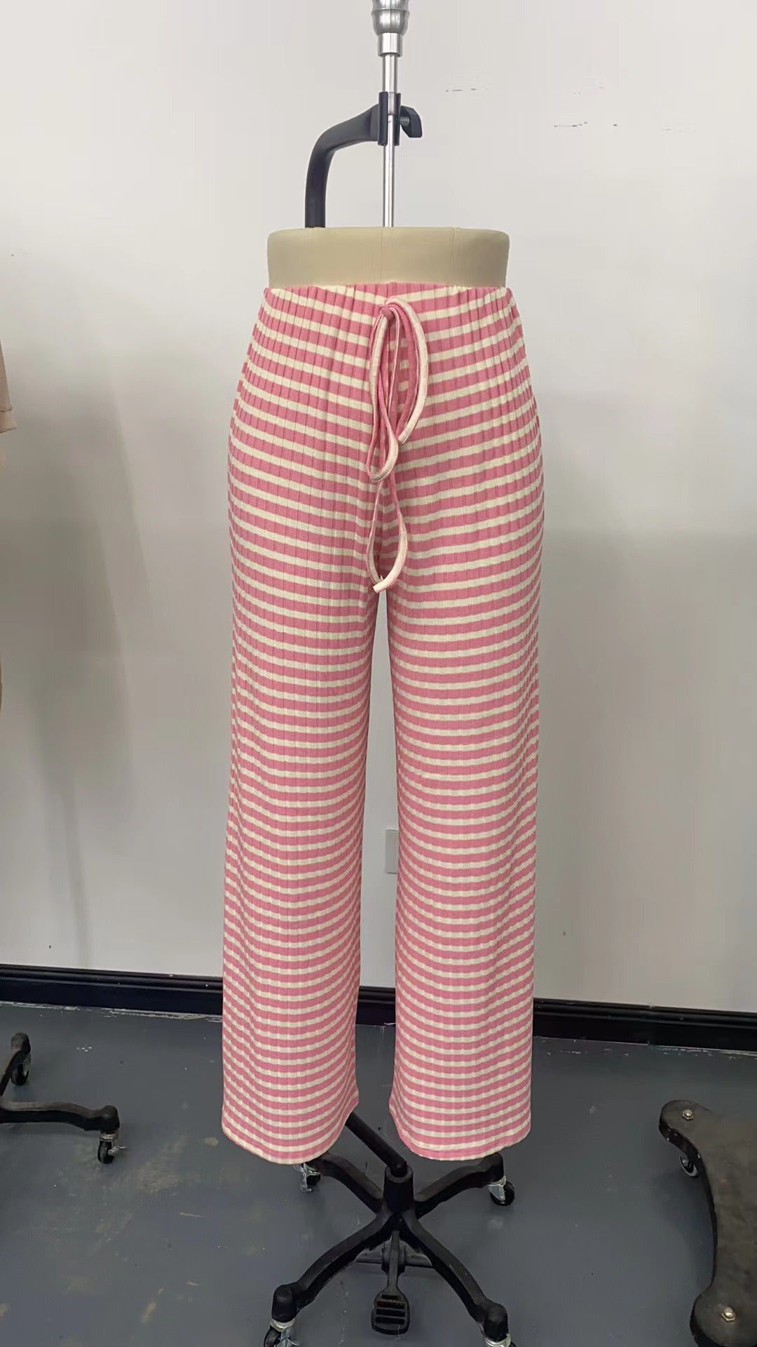 Casual Women Striped Solid Color Pull Rope Cotton Straight Pants