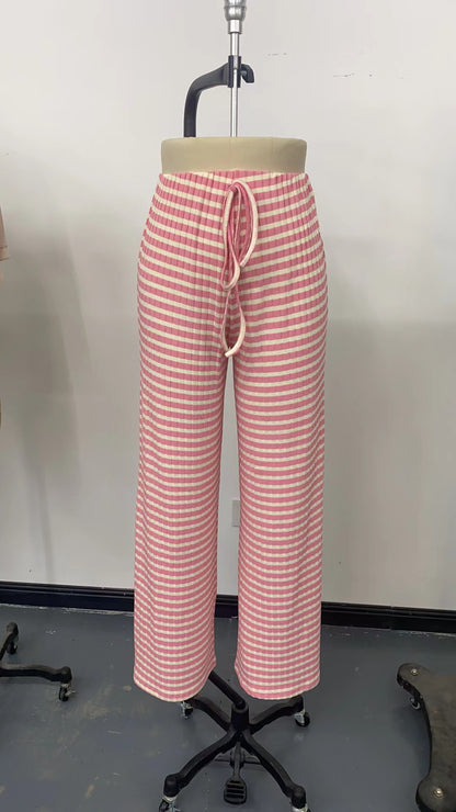 Casual Women Striped Solid Color Pull Rope Cotton Straight Pants