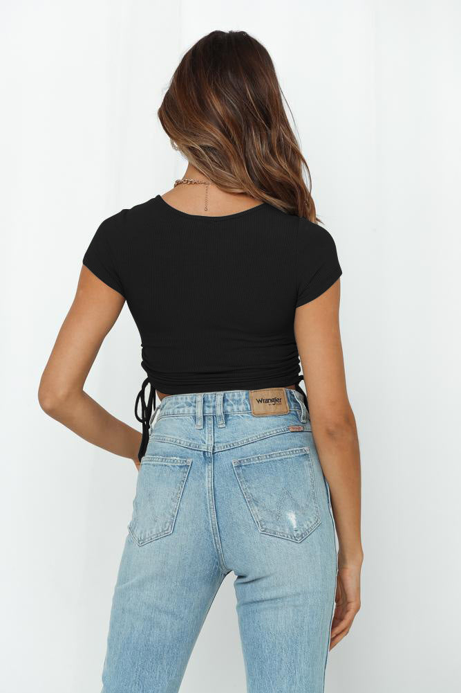 Sexy Round Neck Drawstring Midriff Baring Short Sleeves T Shirts