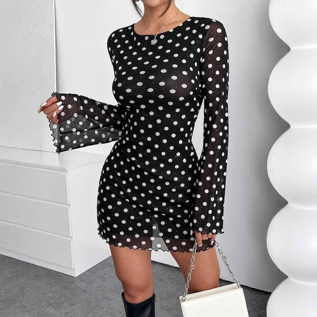 Elegant Women's Mesh Polka Dot Printing Round Neck Backless Long-sleeves Dresses