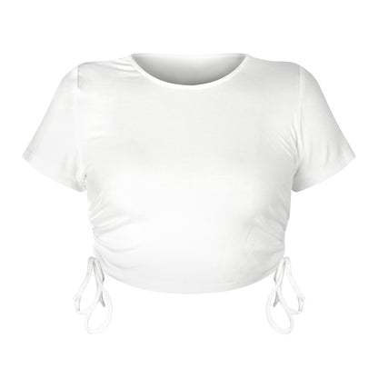 Sexy Round Neck Drawstring Midriff Baring Short Sleeves T Shirts