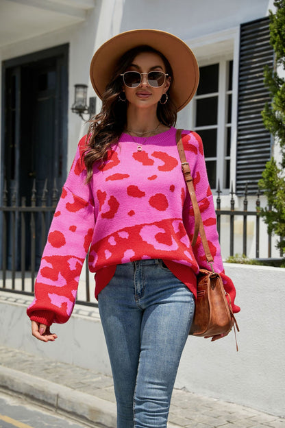 Fashion Round Neck Leopard Knitted Pullover Sweaters