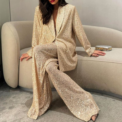 Elegant Sequined Blazers and Pants Two Pieces Sets