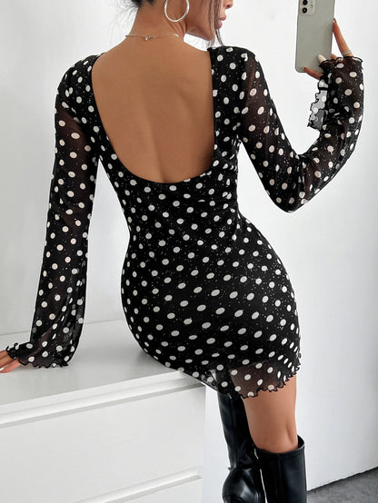 Elegant Women's Mesh Polka Dot Printing Round Neck Backless Long-sleeves Dresses