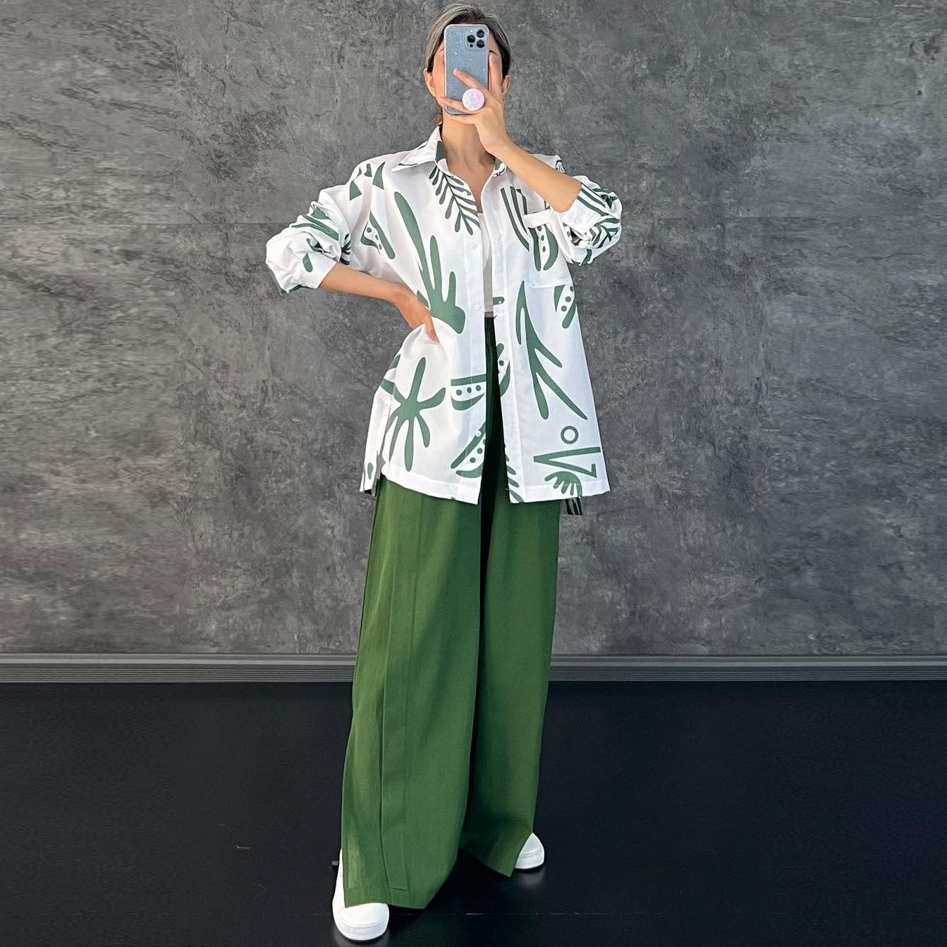 Casual Floral Print Long Sleeves Shirts & High Waist Pants
