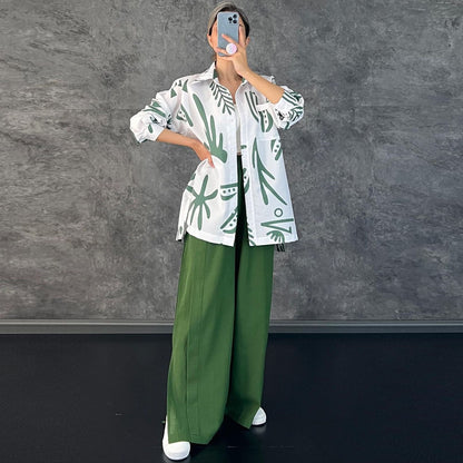 Casual Floral Print Long Sleeves Shirts & High Waist Pants
