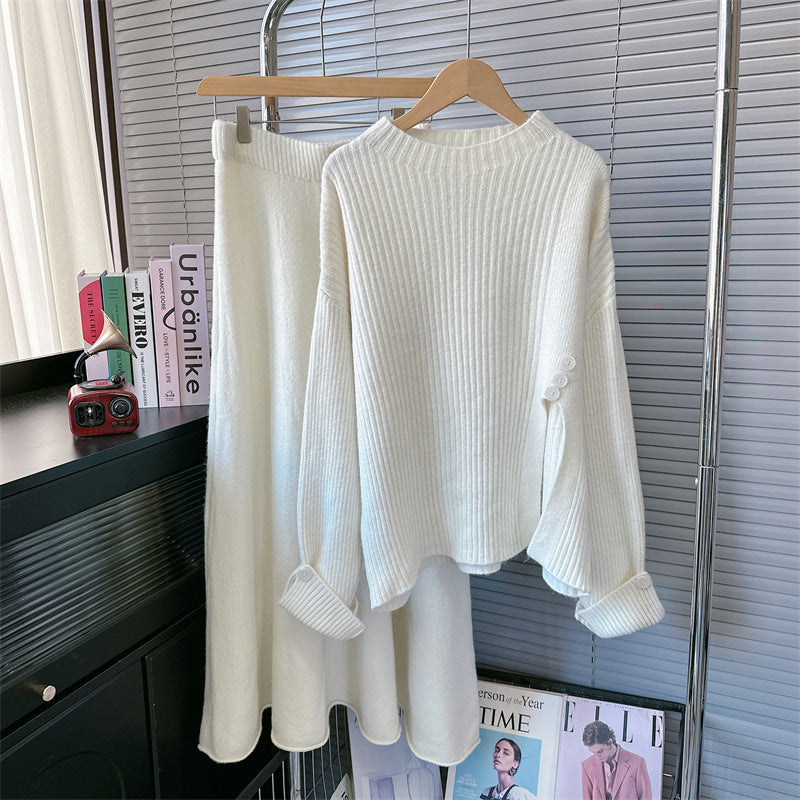Casual Round Neck Knitted Sweaters & Split Front Skirts