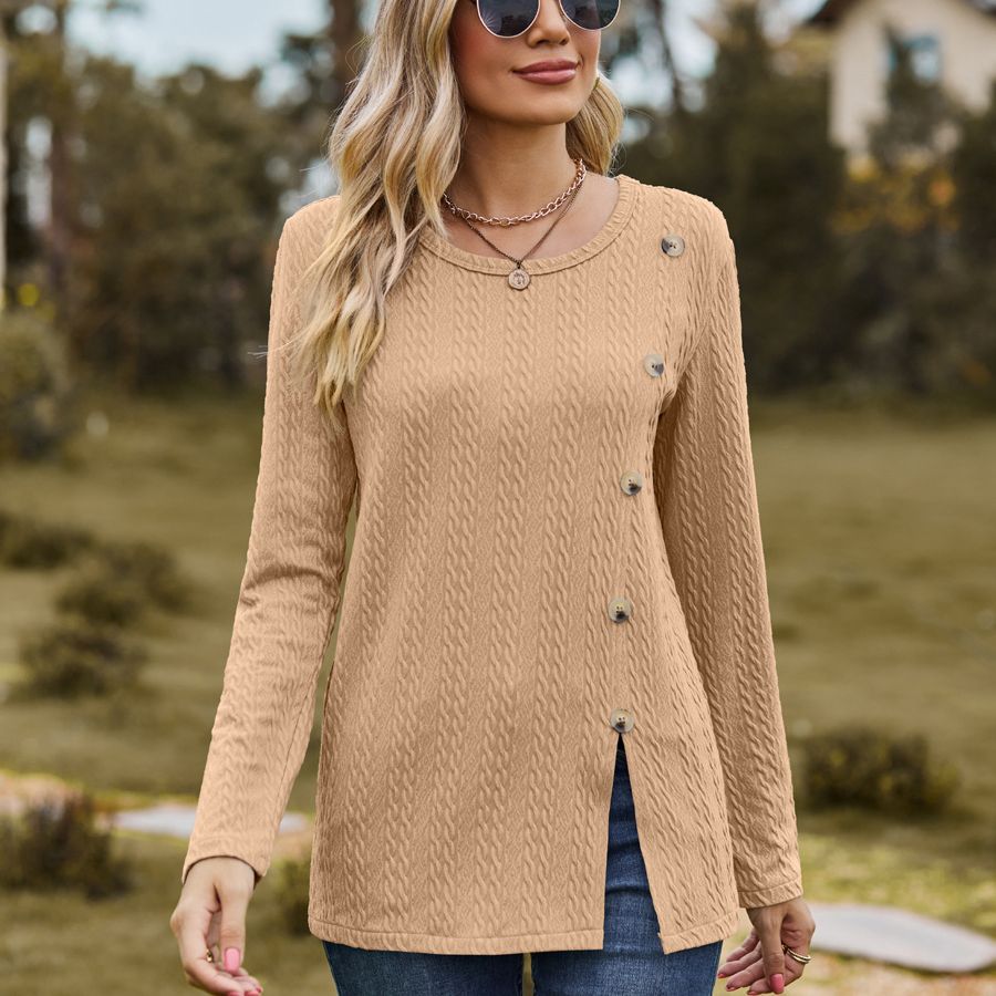 Fashion Round Neckline Button Long Sleeves Shirts