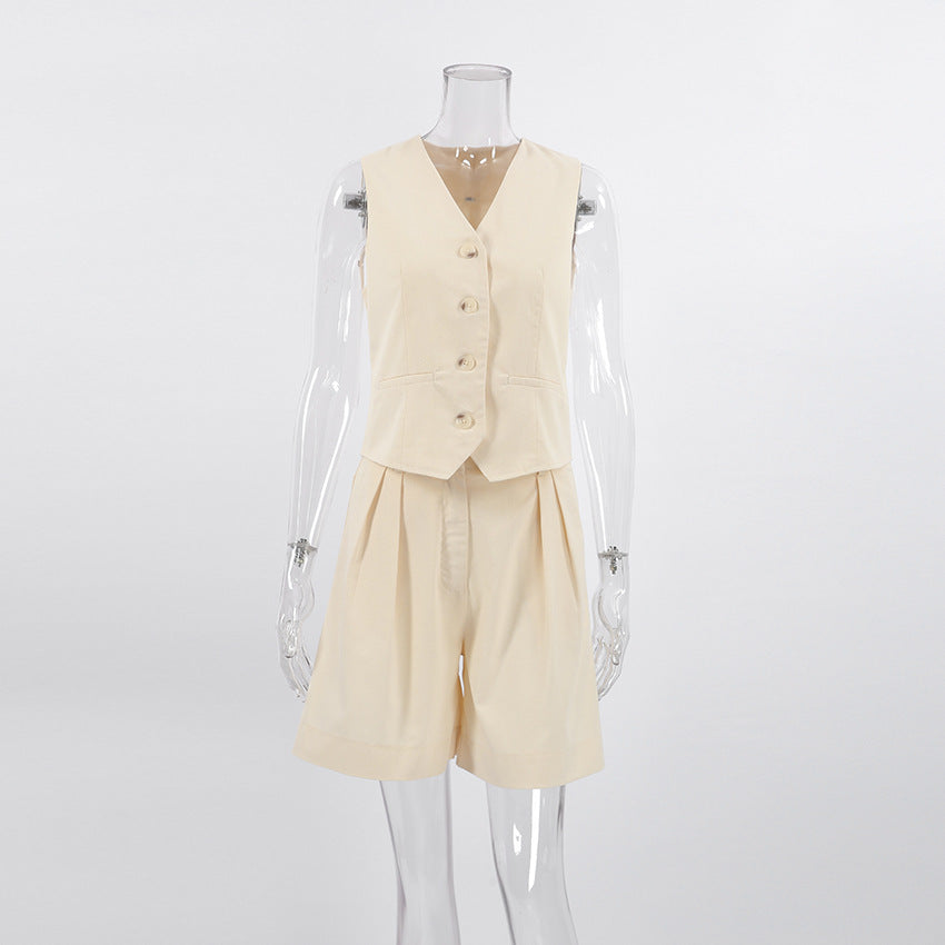 Ivory Cotton Linen Sleeveless Vest and Shorts Suits