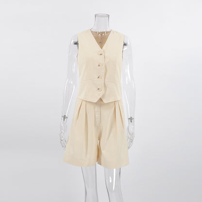 Ivory Cotton Linen Sleeveless Vest and Shorts Suits