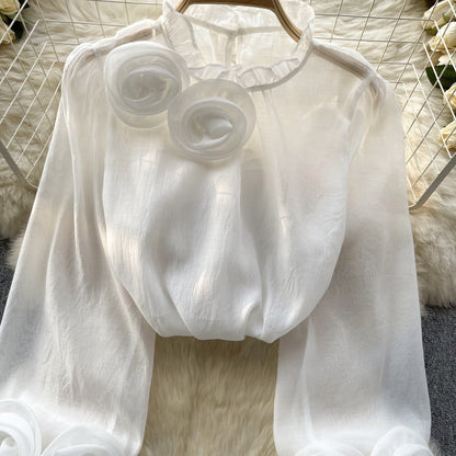 Designed 3D Flowers Chiffon Long Sleeves Shirts