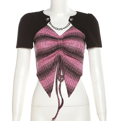 Fashion Drawstring V Neck Short Sleeves T Shirts