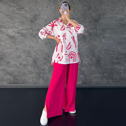 Casual Floral Print Long Sleeves Shirts & High Waist Pants