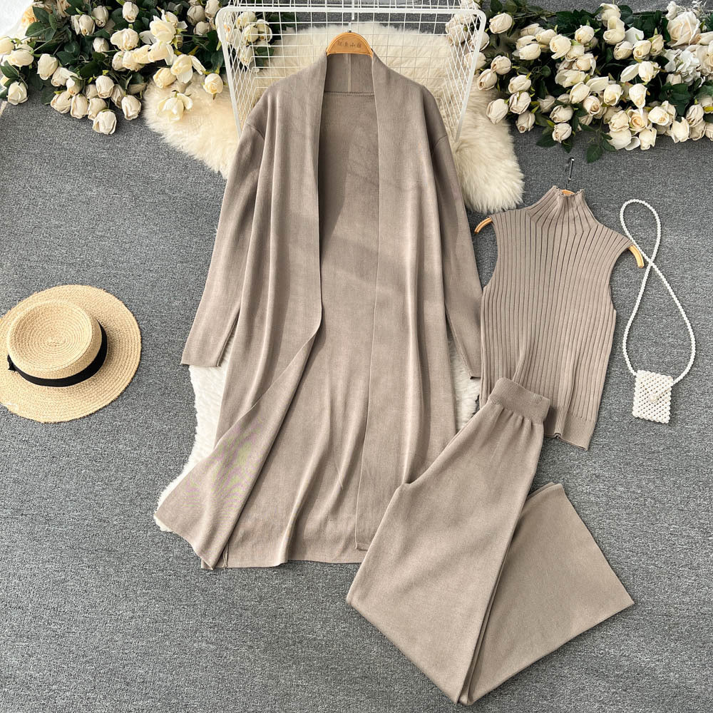 Fashion Fall Knitted 3pcs Cardigan High Neck Sweater Wide Legs Pants