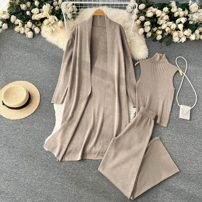 Fashion Fall Knitted 3pcs Cardigan High Neck Sweater Wide Legs Pants