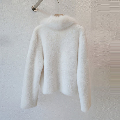 White Fox Fur Neck Short Knitted Jackets for Women