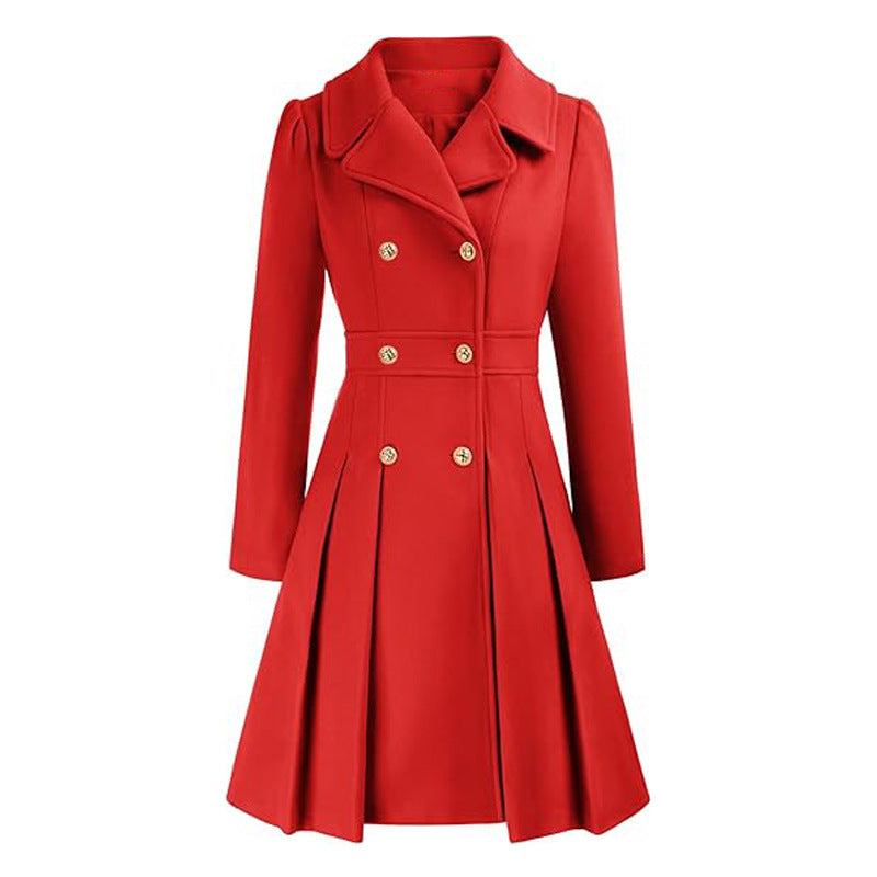 Fashion Women's Trench Coat Lapel Double-breasted Pocket A-shaped Pea Coat