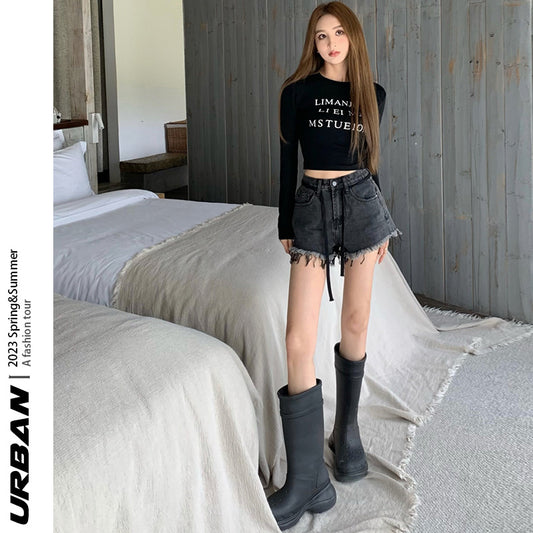 Summer Long Sleeves T Shirts and High Waist Denim Shorts