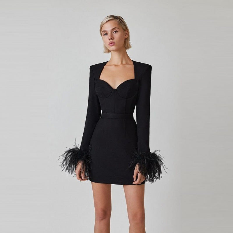 Sexy Square Neckline Feather Design Mini Dresses
