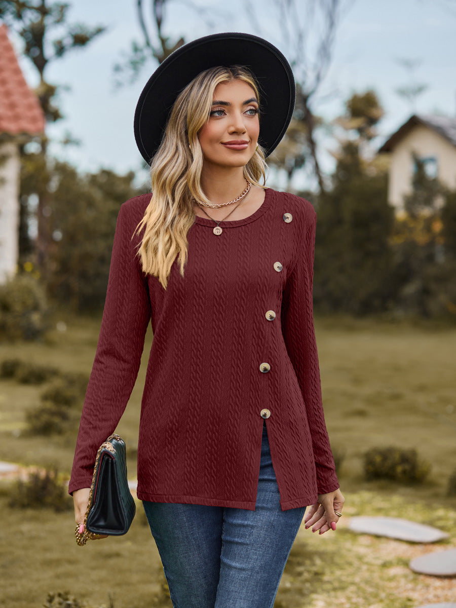 Fashion Round Neckline Button Long Sleeves Shirts