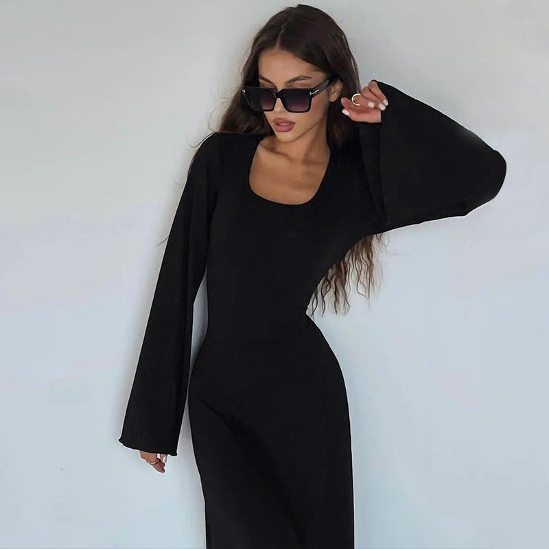 Sexy U Neck Back Lace Up Long Sleeves Dresses