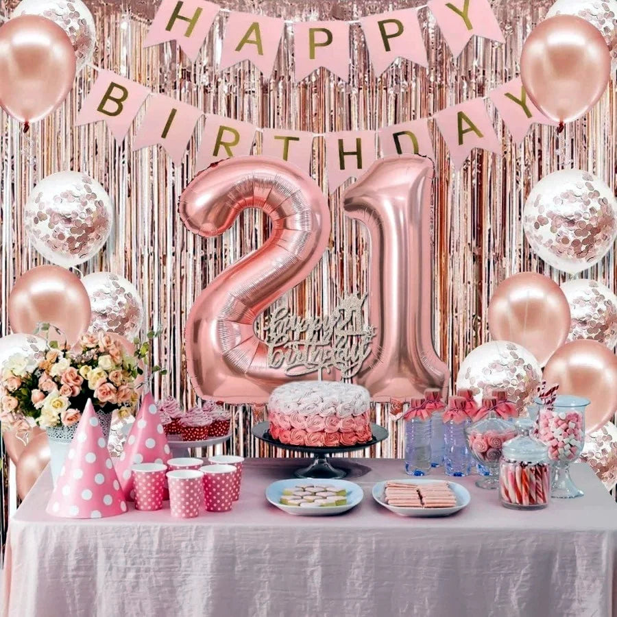 58Pc/Set 40-Inch Number Foil Balloons Party Backdrop Rain Curtain Rose Gold Glitter Balloons Happy Birthday Pink Banner Birthday Party Set Celebration Birthday Party Combo Set Suitable for 16Th 21St 30Th 40Th 50Th 60Th 70Th C