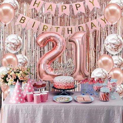 58Pc/Set 40-Inch Number Foil Balloons Party Backdrop Rain Curtain Rose Gold Glitter Balloons Happy Birthday Pink Banner Birthday Party Set Celebration Birthday Party Combo Set Suitable for 16Th 21St 30Th 40Th 50Th 60Th 70Th C